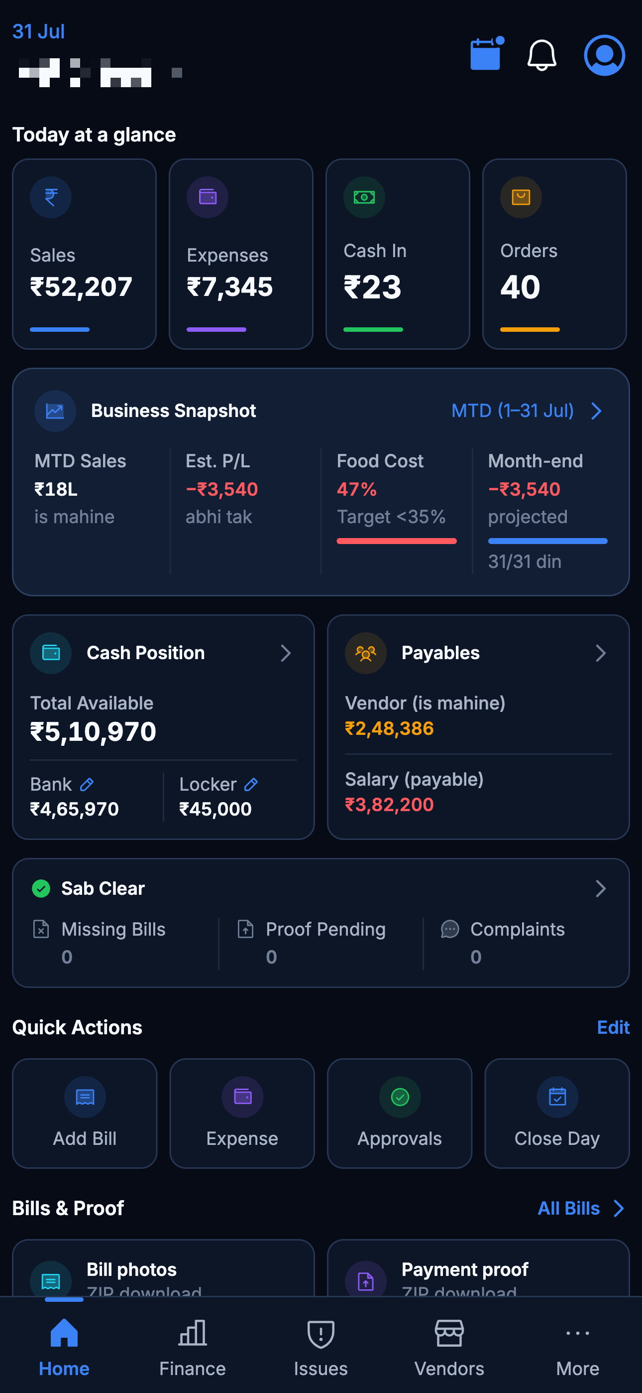 RestroMatrix owner dashboard: sale, vendors, fixed costs and expenses, with the month's profit on top